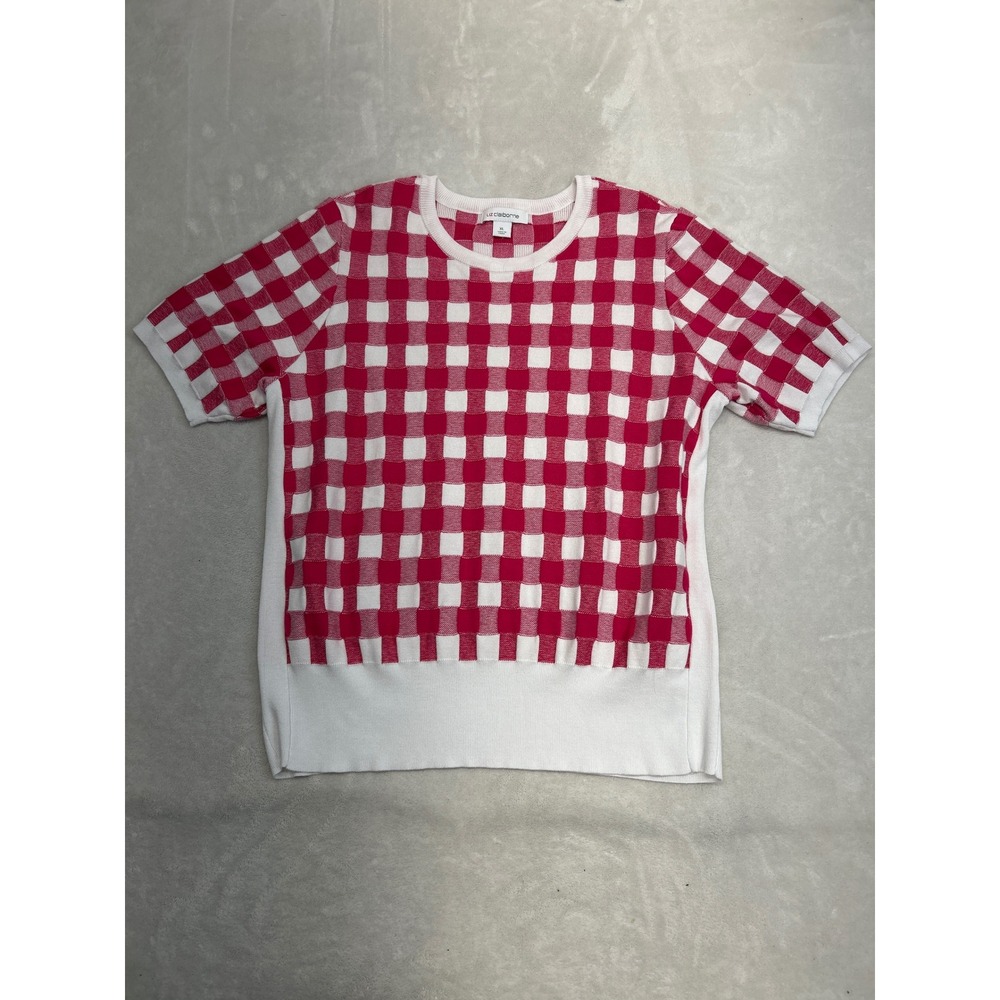 Liz Claiborne Knit Top Women XL Pink Gingham Short Sleeve Crew Neck Ribbed Hem